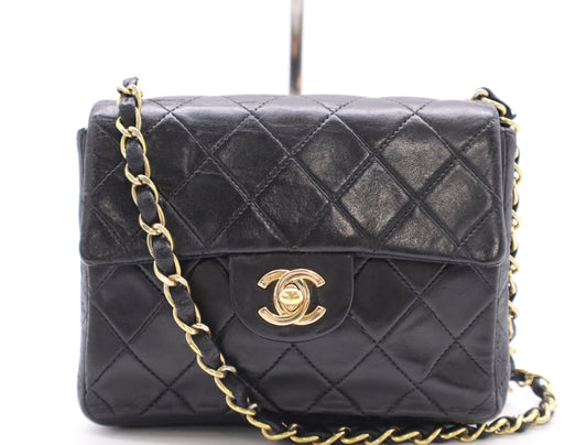CHANEL Lambskin Mini Matelasse 16 Shoulder Bag with Small Flap, Small Chain, Gold Hardware, Black Seal, 8409222