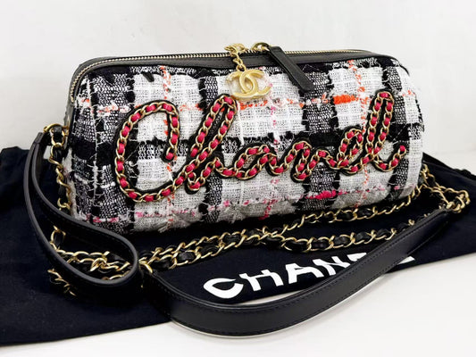 CHANEL CHANEL logo Coco charm lace tweed bowling shoulder bag, approximately 24cm wide, 30s, vintage G hardware, dust bag and sticker included, excellent condition, item number 30095610
