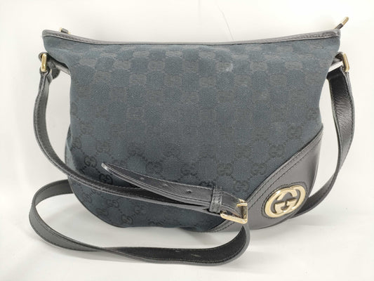 GUCCI GG Canvas Shoulder Bag, Black, Interlocking Pattern