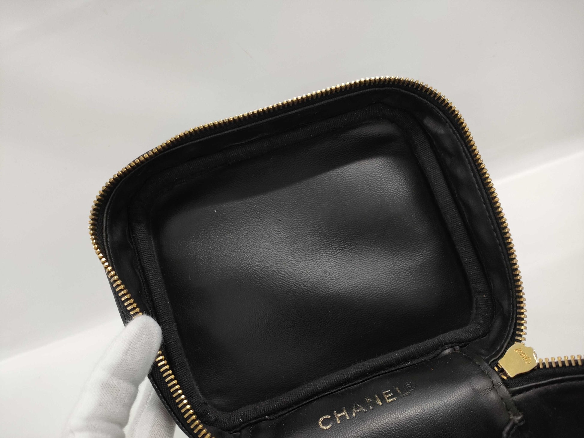 CHANEL Caviar Skin Pouch Coco Mark Black Vanity Bag