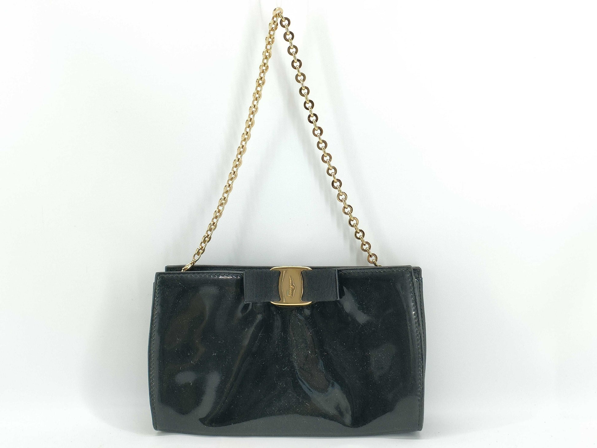 Salvatore Ferragamo Vara Chain Shoulder Bag in Black Enamel