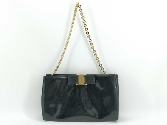 Salvatore Ferragamo Vara Chain Shoulder Bag in Black Enamel