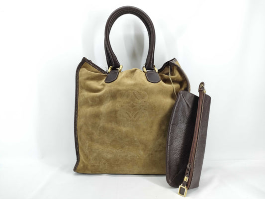 LOEWE Anagram Suede Brown Tote Bag with Pouch
