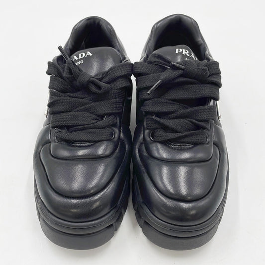 PRADA Downtown Sneakers, Padded Nappa Leather, Triangle Logo, Black, Size 24cm, Size 37