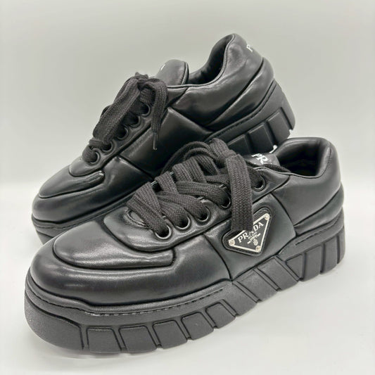 PRADA Downtown Sneakers, Padded Nappa Leather, Triangle Logo, Black, Size 24cm, Size 37