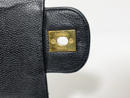 CHANEL Double Flap Caviar Leather Matelasse Black Lambskin Shoulder Bag with Seal