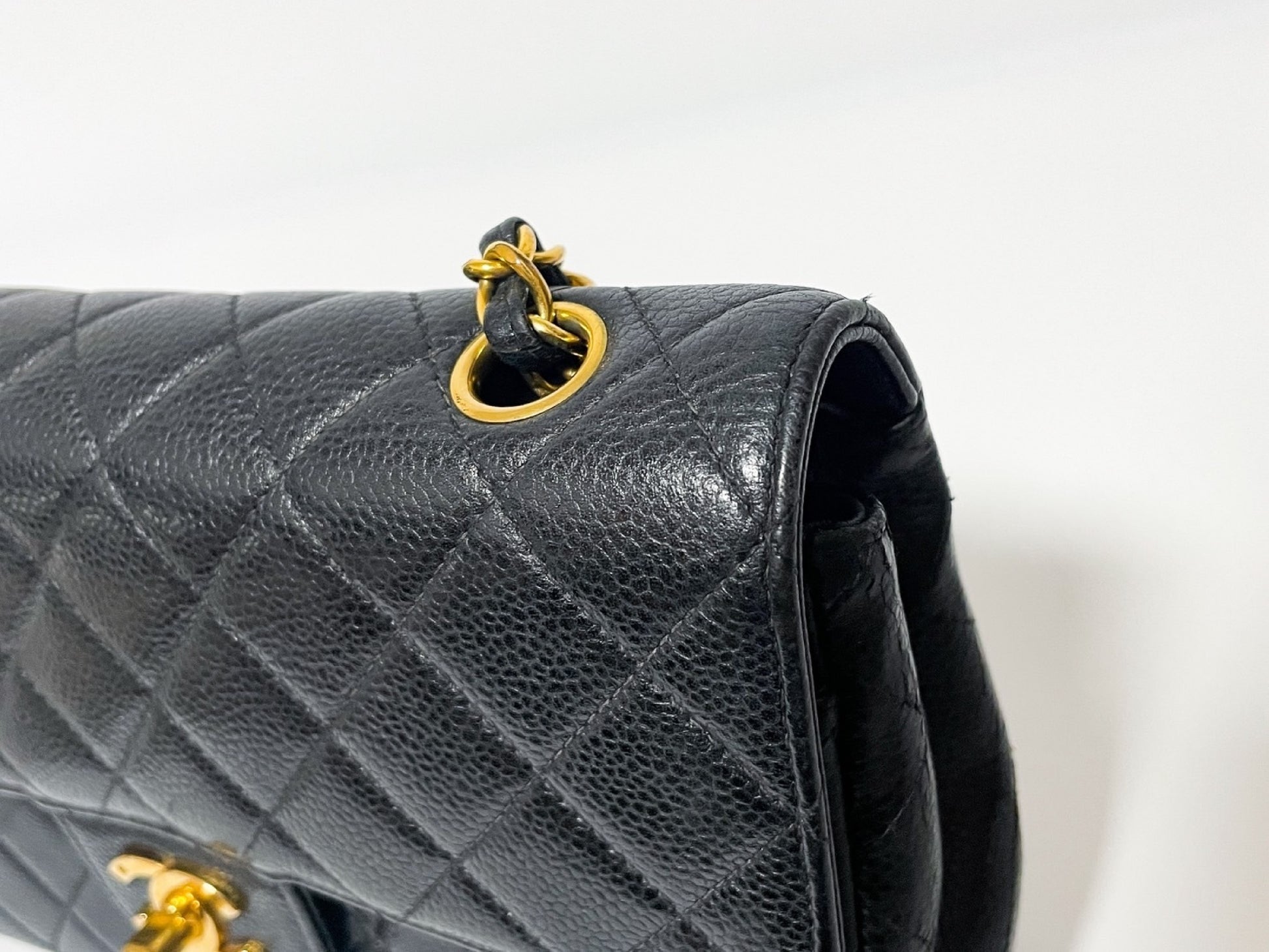 CHANEL Double Flap Caviar Leather Matelasse Black Lambskin Shoulder Bag with Seal
