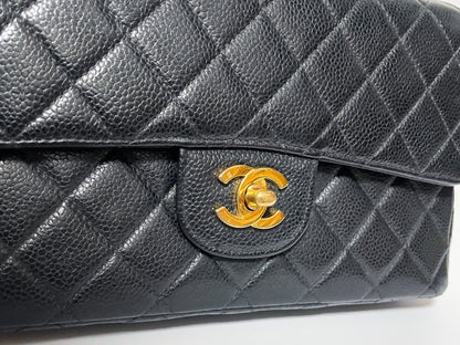 CHANEL Double Flap Caviar Leather Matelasse Black Lambskin Shoulder Bag with Seal