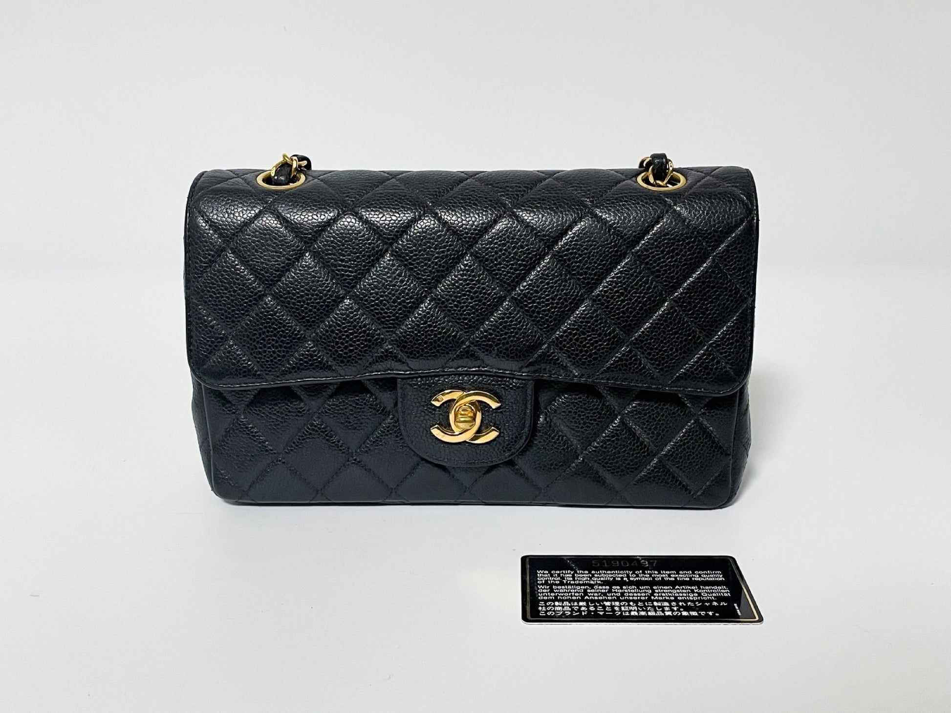 CHANEL Double Flap Caviar Leather Matelasse Black Lambskin Shoulder Bag with Seal