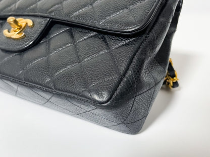 CHANEL Double Flap Caviar Leather Matelasse Black Lambskin Shoulder Bag with Seal