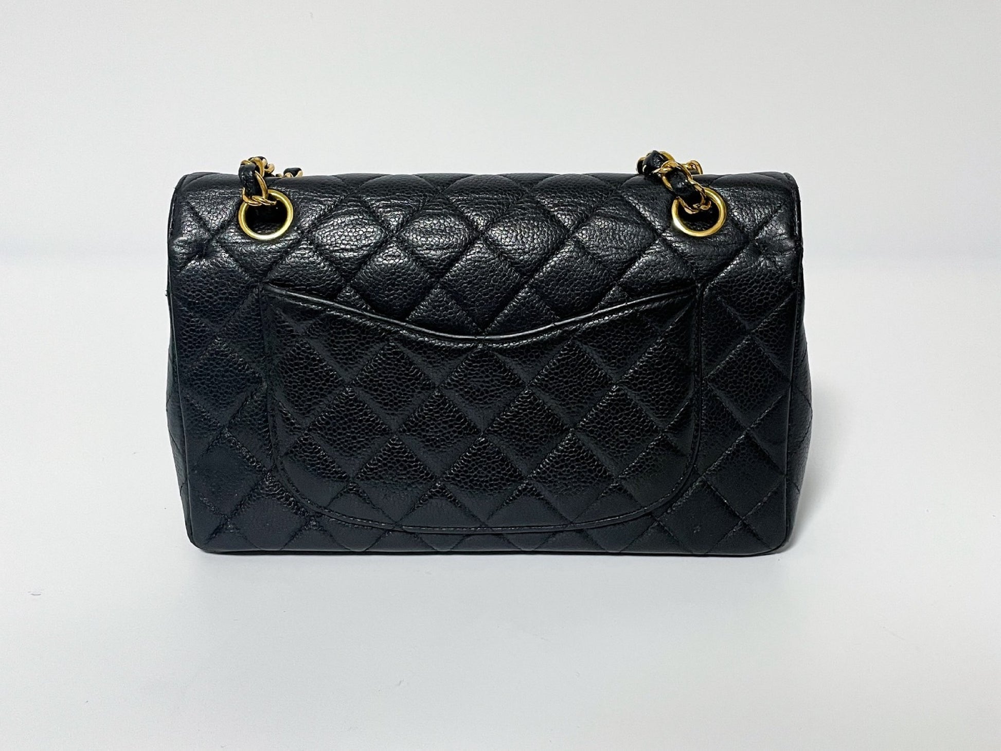 CHANEL Double Flap Caviar Leather Matelasse Black Lambskin Shoulder Bag with Seal