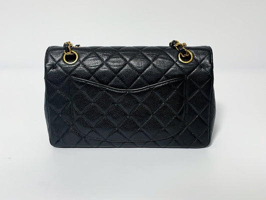 CHANEL Double Flap Caviar Leather Matelasse Black Lambskin Shoulder Bag with Seal
