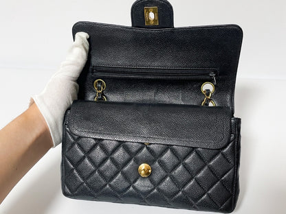 CHANEL Double Flap Caviar Leather Matelasse Black Lambskin Shoulder Bag with Seal