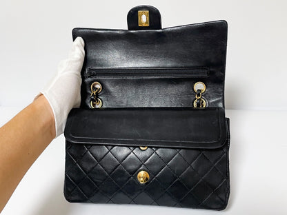 CHANEL Double Flap Matelasse Black Lambskin Shoulder Bag with Seal