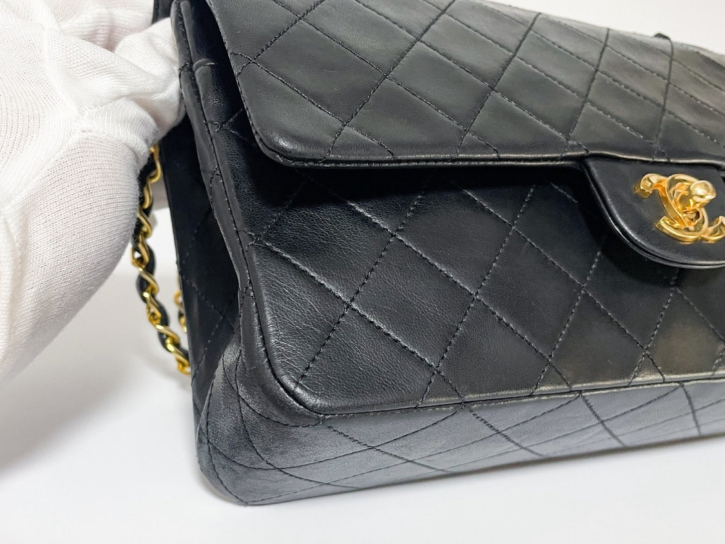 CHANEL Double Flap Matelasse Black Lambskin Shoulder Bag with Seal