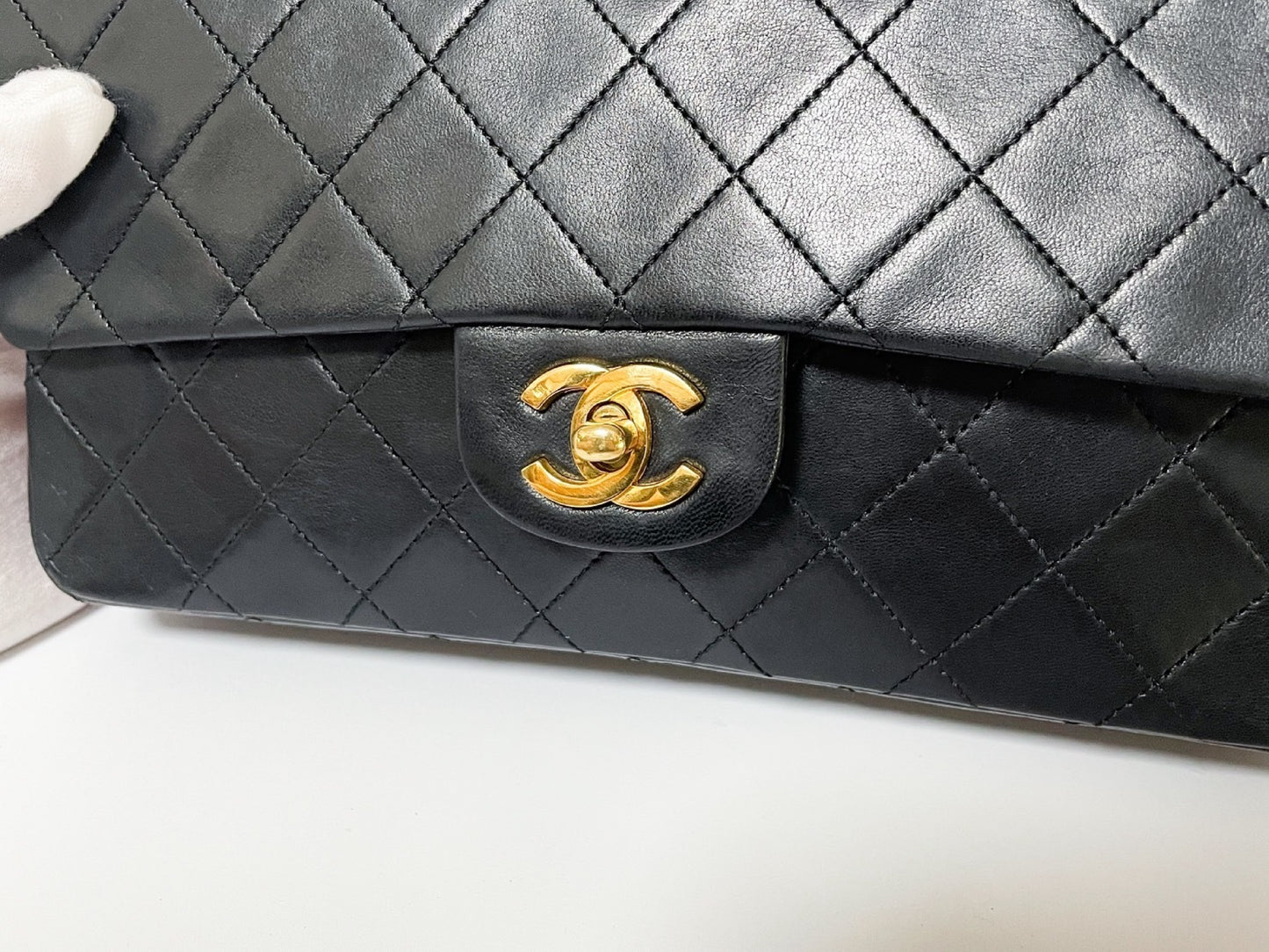 CHANEL Double Flap Matelasse Black Lambskin Shoulder Bag with Seal