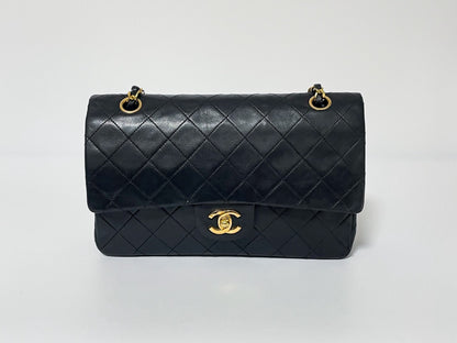 CHANEL Double Flap Matelasse Black Lambskin Shoulder Bag with Seal