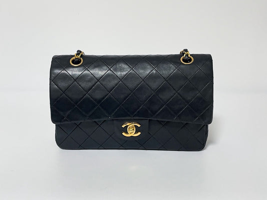 CHANEL Double Flap Matelasse Black Lambskin Shoulder Bag with Seal