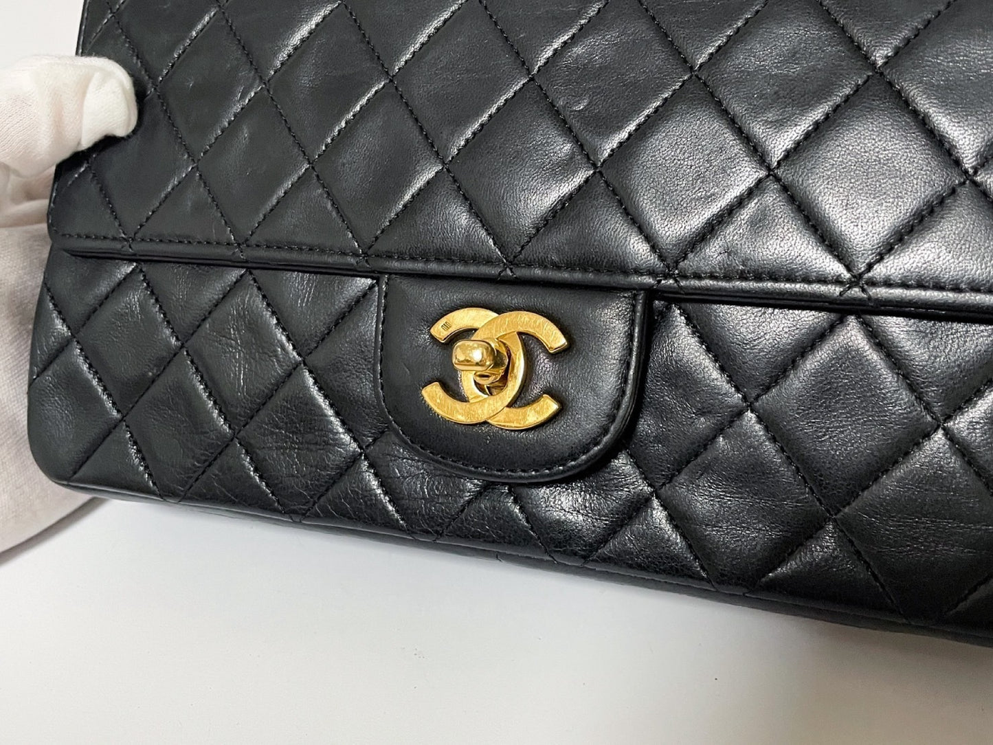 CHANEL Double Flap Matelasse Black Lambskin Shoulder Bag with Seal