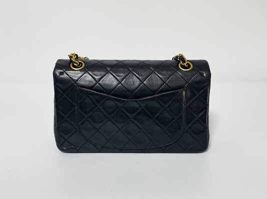 CHANEL Double Flap Matelasse Black Lambskin Shoulder Bag with Seal