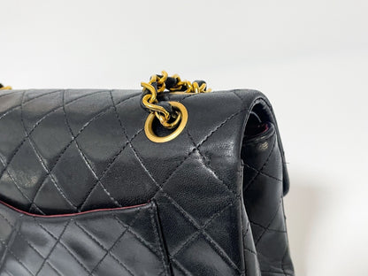 CHANEL Double Flap Matelasse Black Lambskin Shoulder Bag with Seal