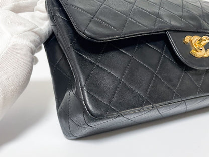 CHANEL Double Flap Matelasse Black Lambskin Shoulder Bag with Seal