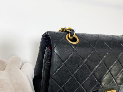 CHANEL Double Flap Matelasse Black Lambskin Shoulder Bag with Seal