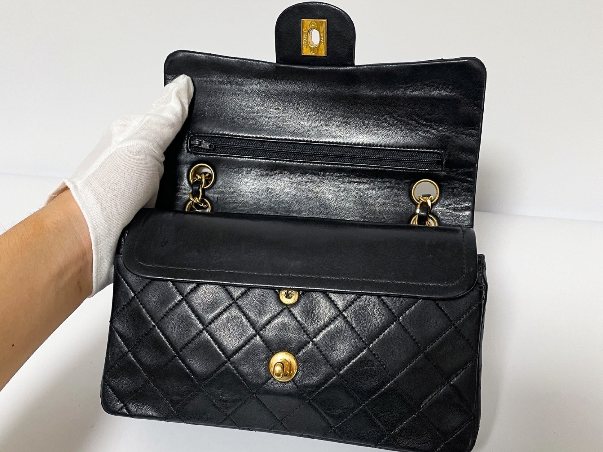 CHANEL Double Flap Matelasse Black Lambskin Shoulder Bag with Seal