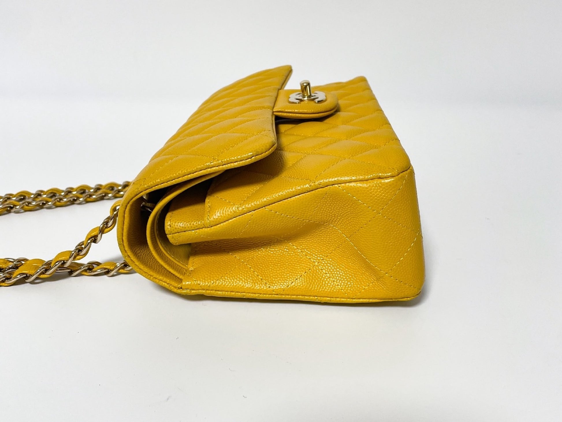 CHANEL Double Flap Caviar Leather Matelasse Yellow Shoulder Bag