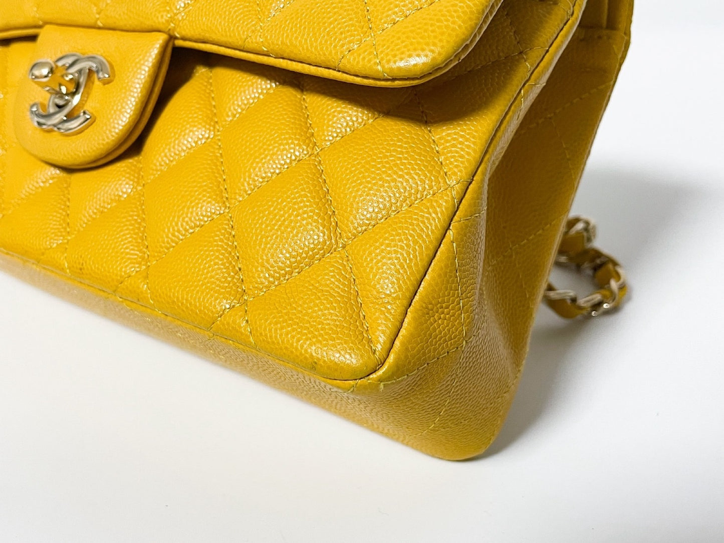 CHANEL Double Flap Caviar Leather Matelasse Yellow Shoulder Bag