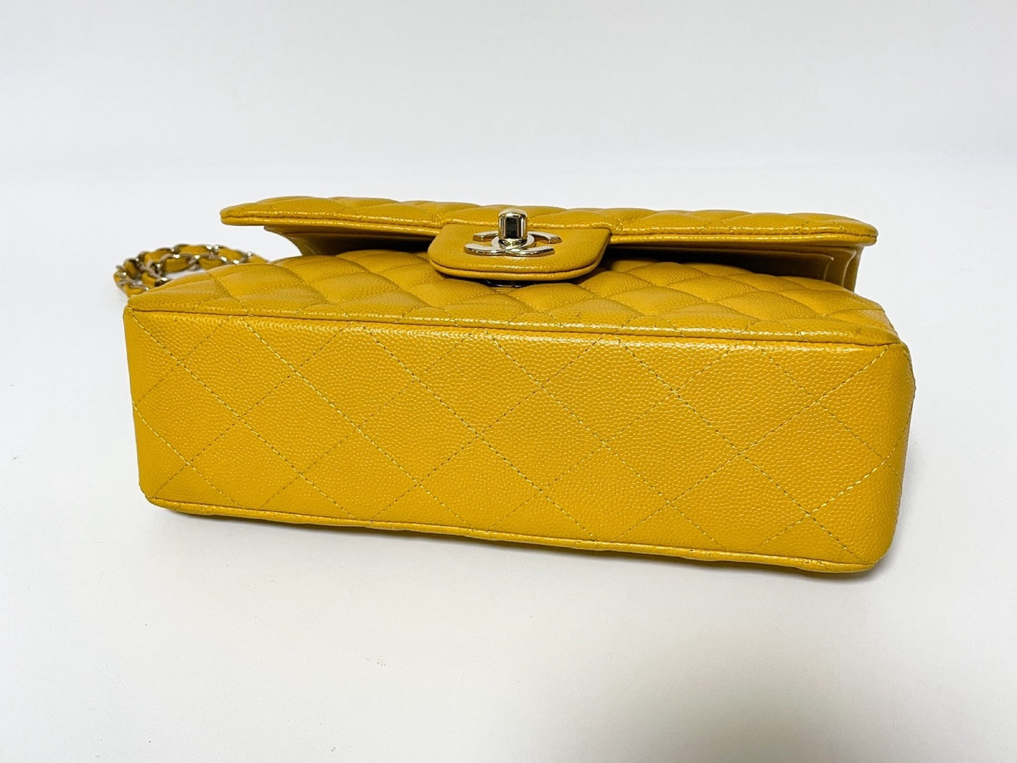 CHANEL Double Flap Caviar Leather Matelasse Yellow Shoulder Bag