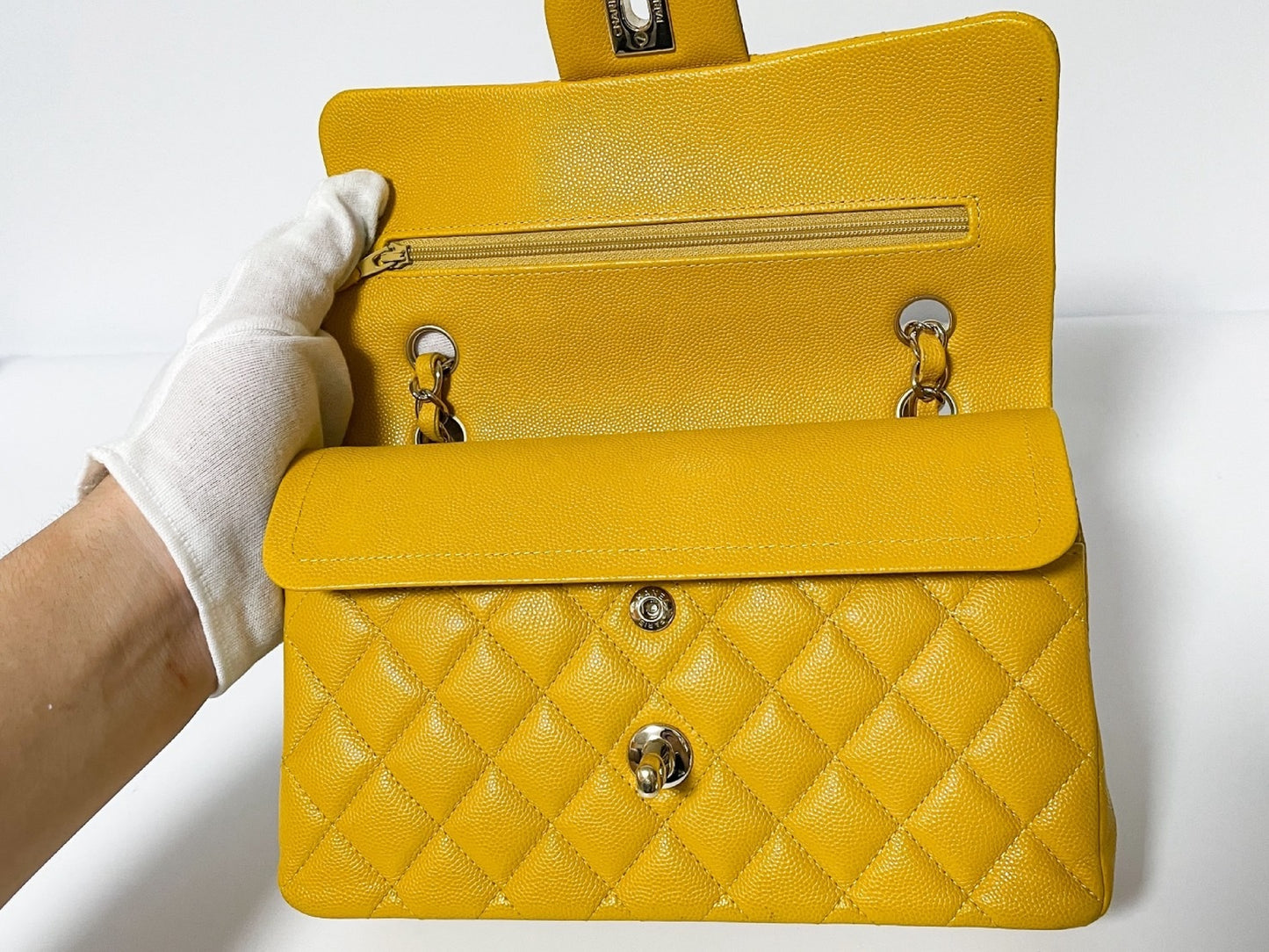 CHANEL Double Flap Caviar Leather Matelasse Yellow Shoulder Bag