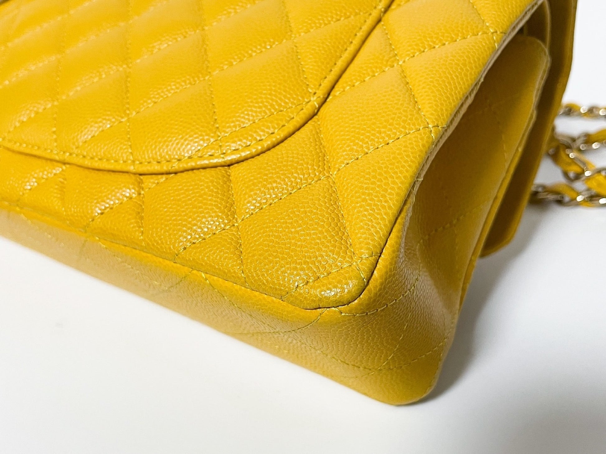 CHANEL Double Flap Caviar Leather Matelasse Yellow Shoulder Bag