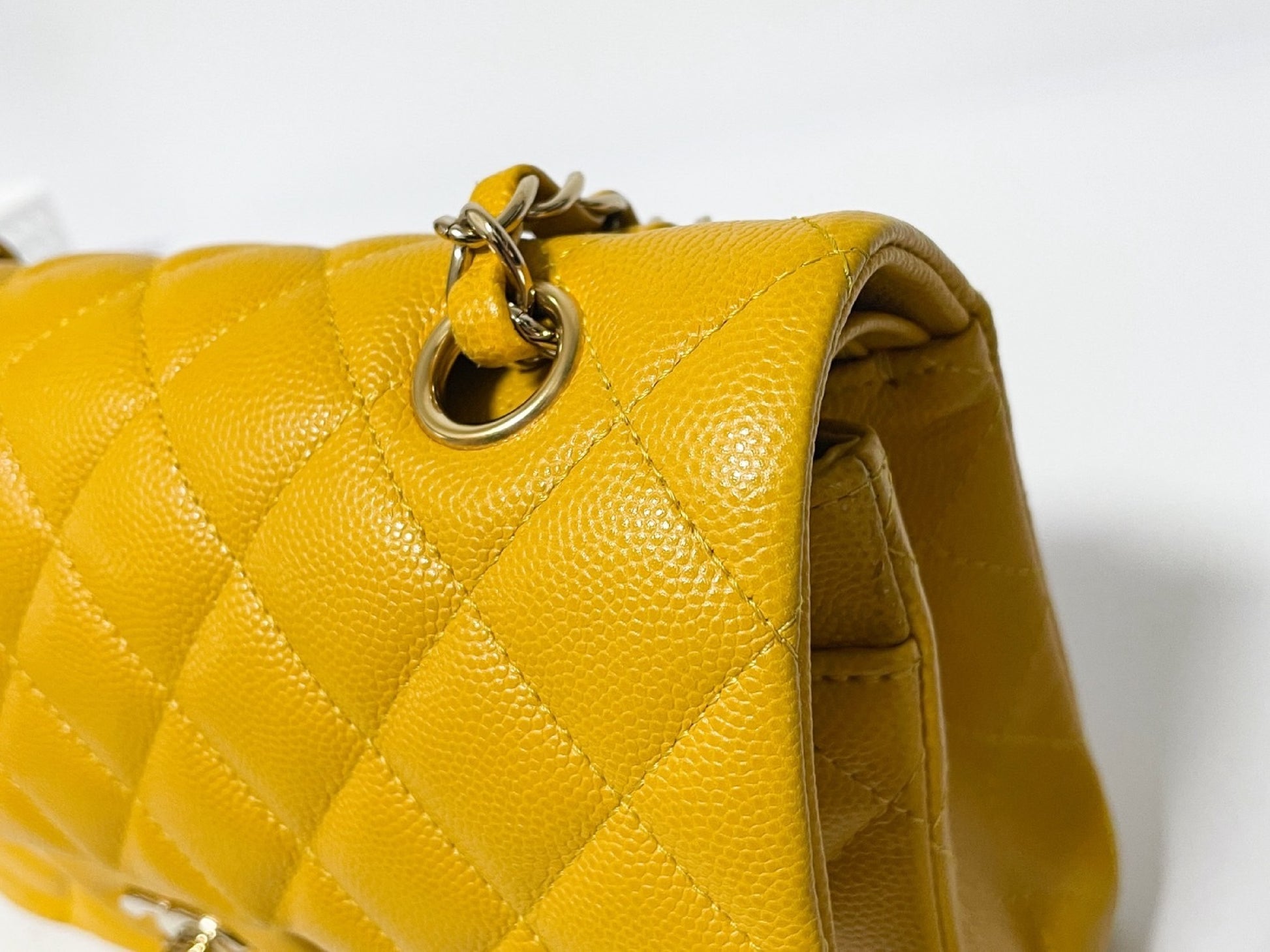 CHANEL Double Flap Caviar Leather Matelasse Yellow Shoulder Bag
