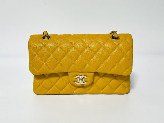 CHANEL Double Flap Caviar Leather Matelasse Yellow Shoulder Bag