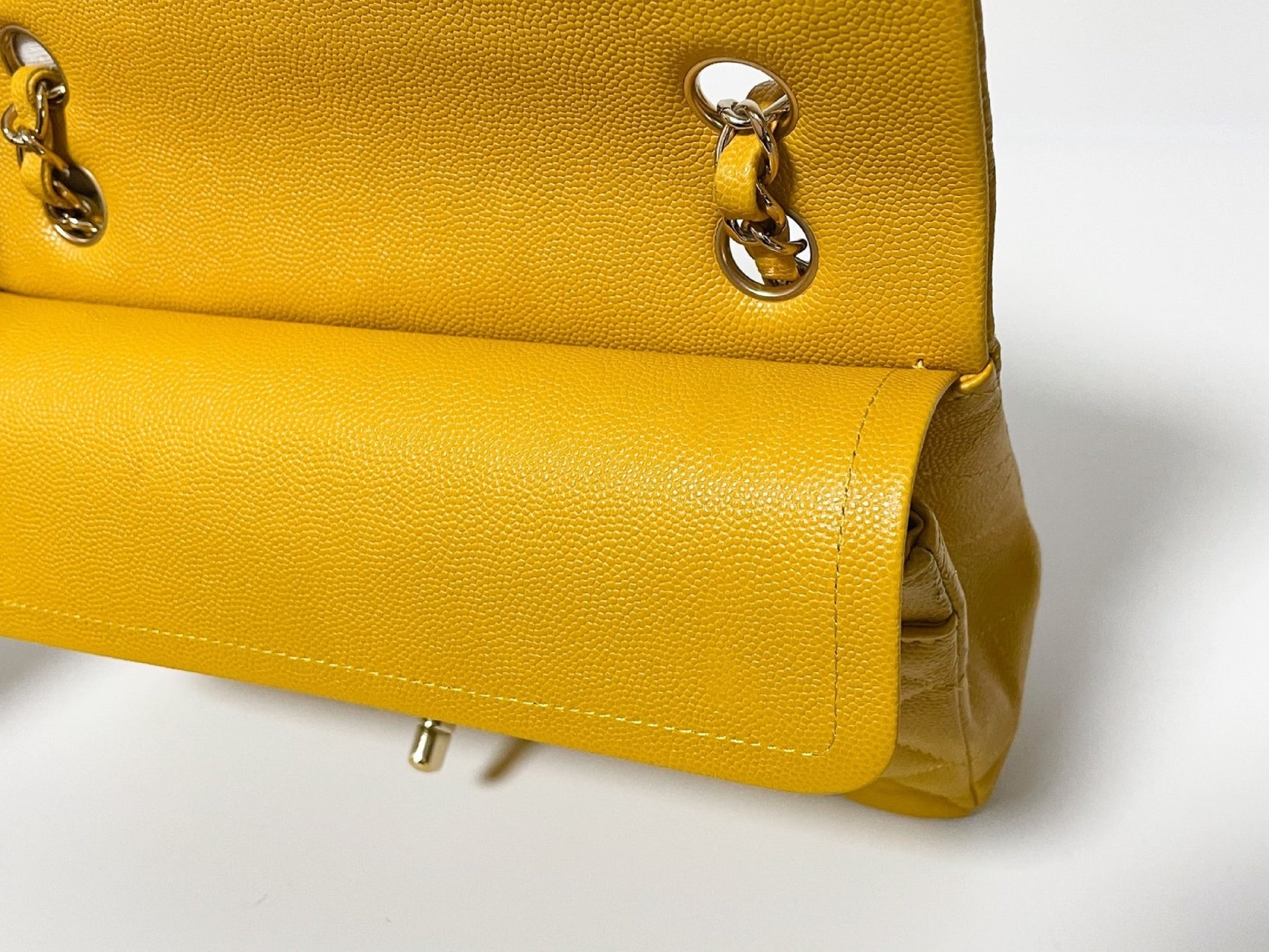 CHANEL Double Flap Caviar Leather Matelasse Yellow Shoulder Bag
