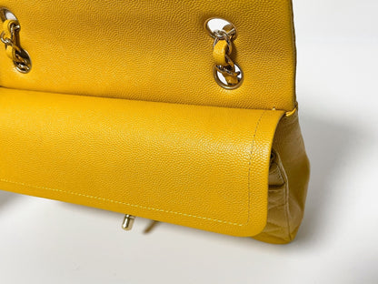 CHANEL Double Flap Caviar Leather Matelasse Yellow Shoulder Bag
