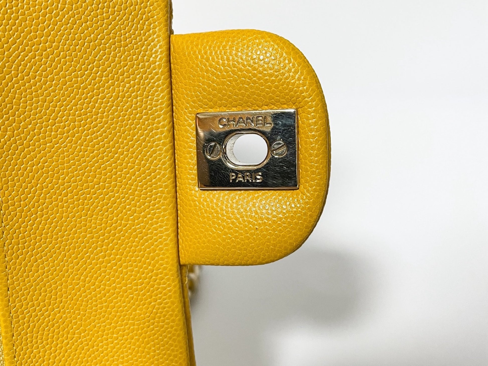 CHANEL Double Flap Caviar Leather Matelasse Yellow Shoulder Bag