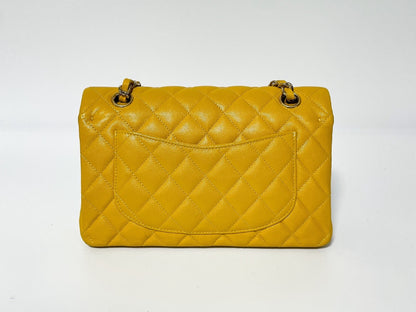 CHANEL Double Flap Caviar Leather Matelasse Yellow Shoulder Bag