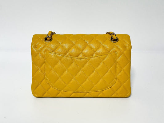 CHANEL Double Flap Caviar Leather Matelasse Yellow Shoulder Bag