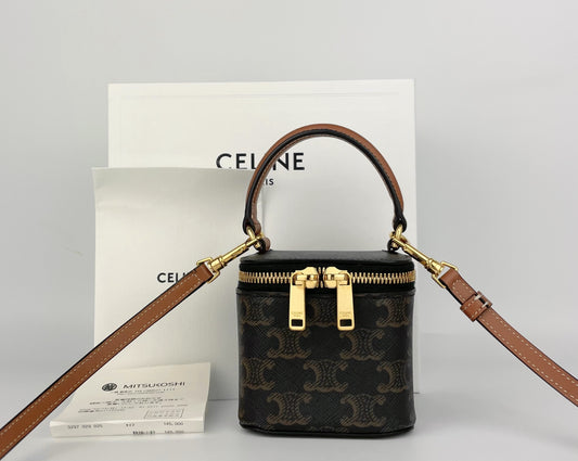 CELINE Triomphe PVC and Leather 2-Way Vanity Bag, Brown, Shoulder Bag