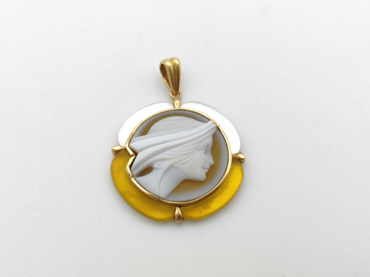 Cameo Shell and Colored Stone Pendant Top, 18K Gold, 6.7g 