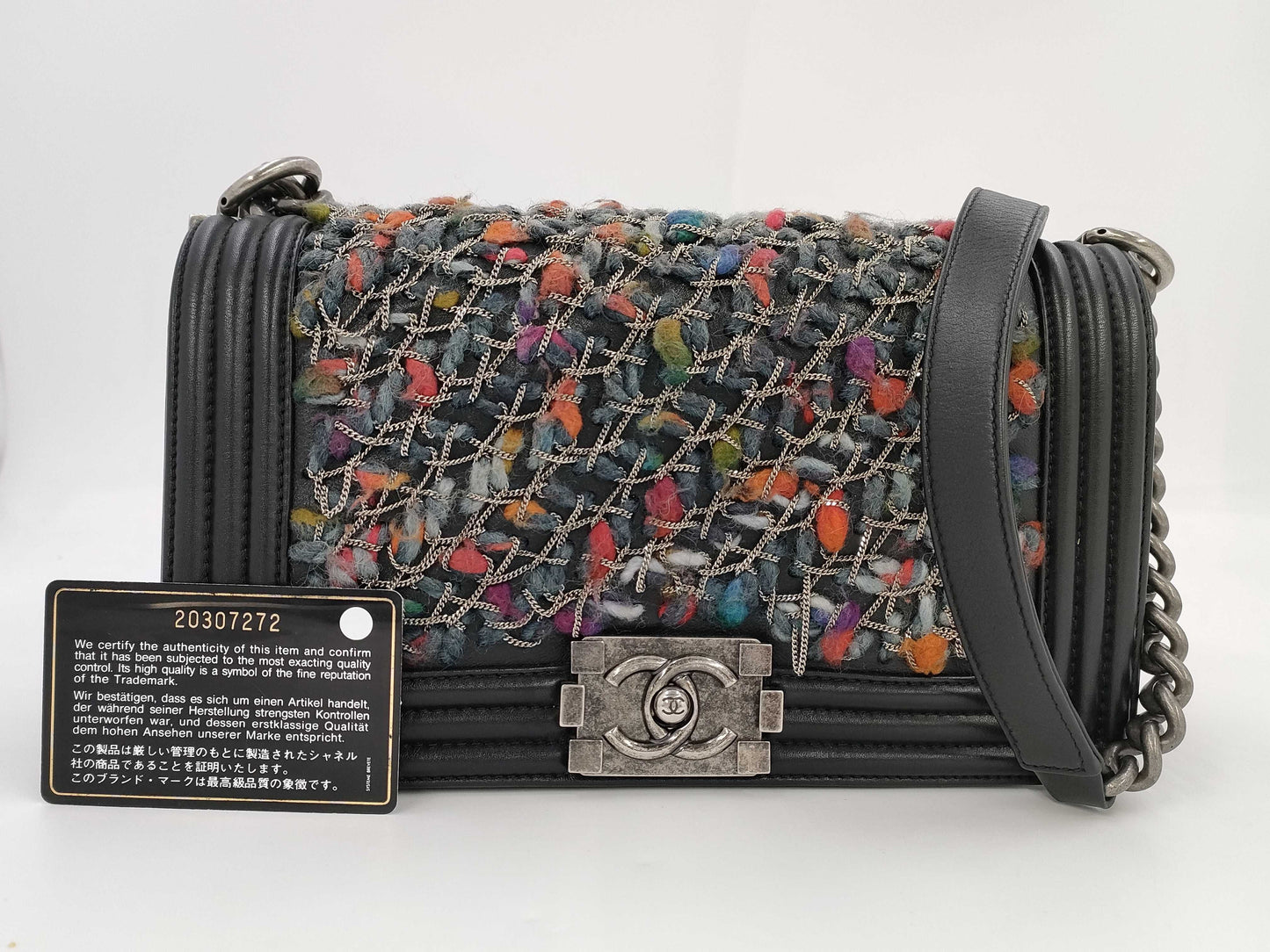 CHANEL Boy Chanel Shoulder Bag A67086 Leather and Wool, Black Multi, 20 Series Tweed Shoulder Bag