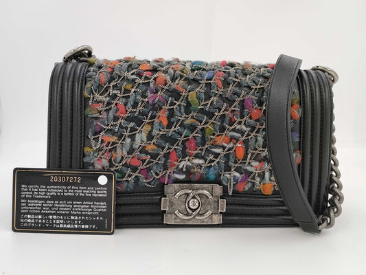 CHANEL Boy Chanel Shoulder Bag A67086 Leather and Wool, Black Multi, 20 Series Tweed Shoulder Bag