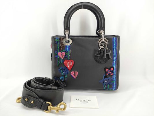 Dior DIOR Christian Dior Lady Dior Medium Bag Handbag Black Beaded Shoulder Bag