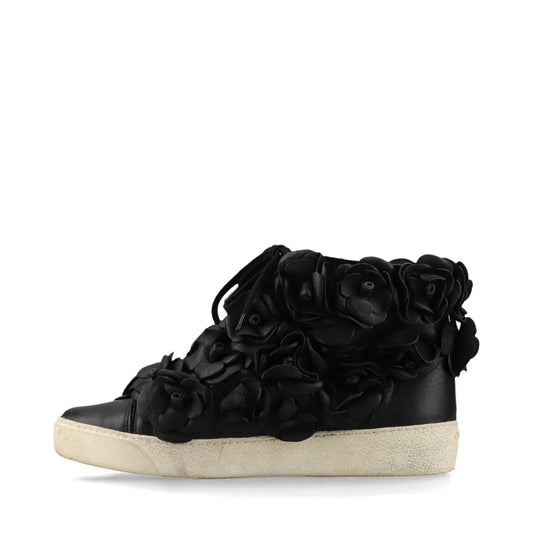 CHANEL Camellia Leather High-Top Sneakers, Size 38, Women's, Black, G29046
