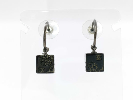 CHANEL CHANEL Hoop Earrings Camellia Cube Black Coco Mark 02A Earrings