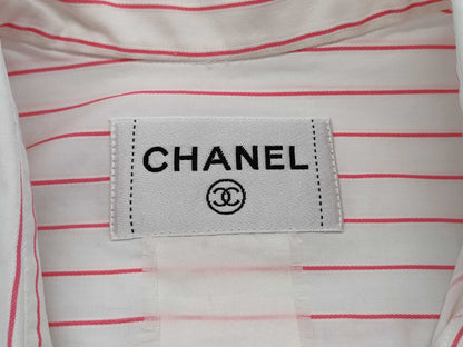 CHANEL CHANEL Sleeveless Shirt Top Striped White x Pink #38 Cotton Top