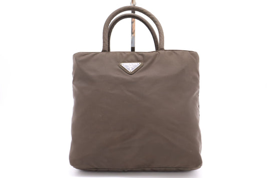 PRADA Tessuto Nylon Mini Handbag with Triangle Plate, Khaki