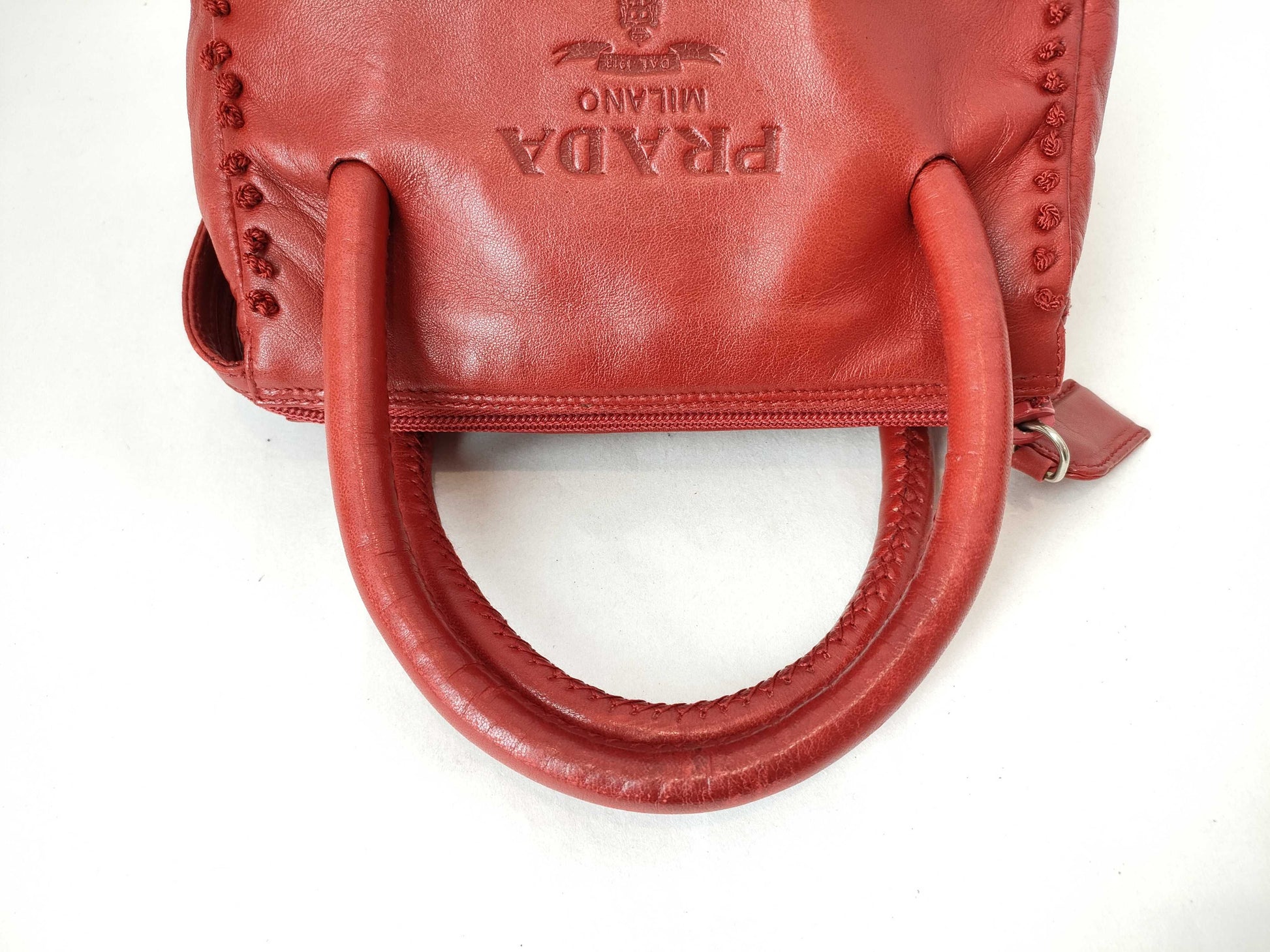 PRADA Prada logo embossed embroidered handbag all leather handbag